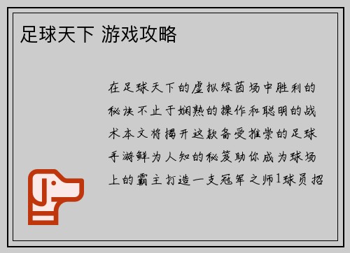 足球天下 游戏攻略